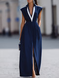 Navy Blue V-Neck Contrast Trim Sleeveless Maxi Dress