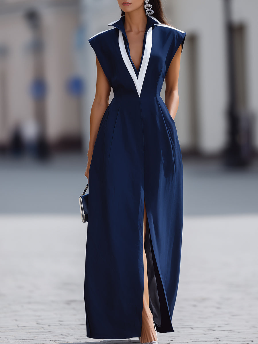 Navy Blue V-Neck Contrast Trim Sleeveless Maxi Dress
