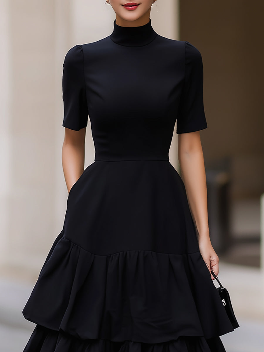 Black High Neck Tiered Ruffle A-Line Maxi Dress