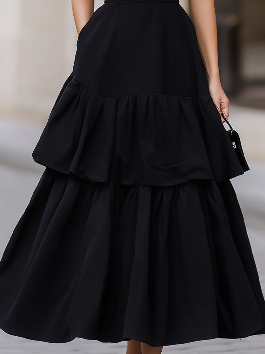 Black High Neck Tiered Ruffle A-Line Maxi Dress