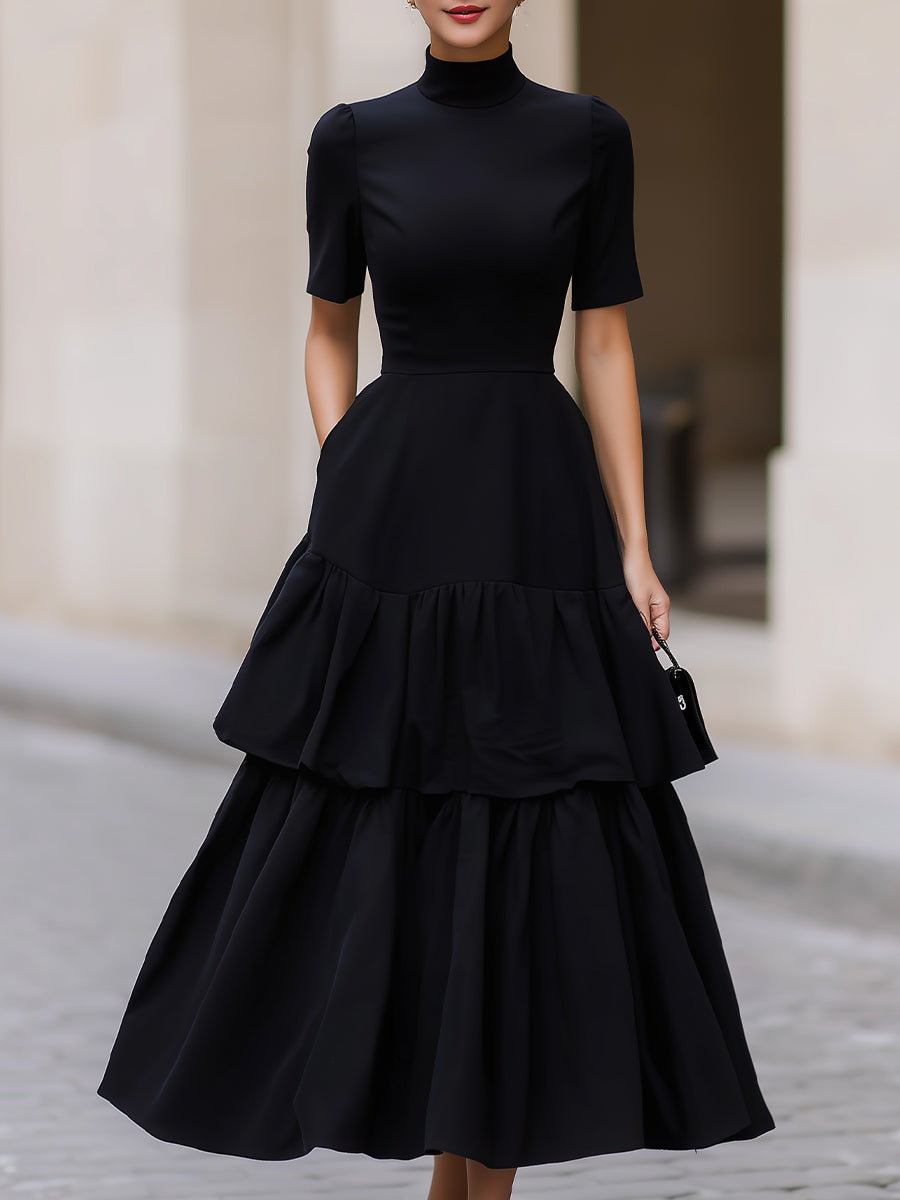 Black High Neck Tiered Ruffle A-Line Maxi Dress