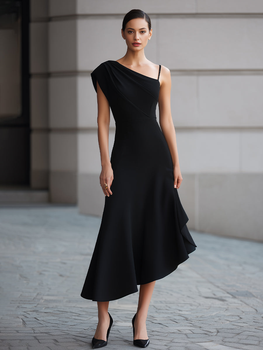 Black One-Shoulder Draped Asymmetric Midi Dress