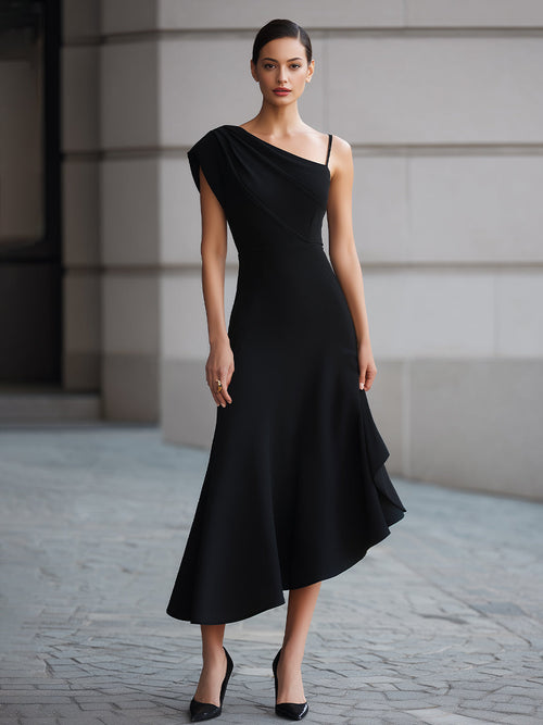 Black One-Shoulder Draped Asymmetric Midi Dress