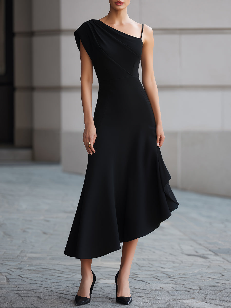 Black One-Shoulder Draped Asymmetric Midi Dress