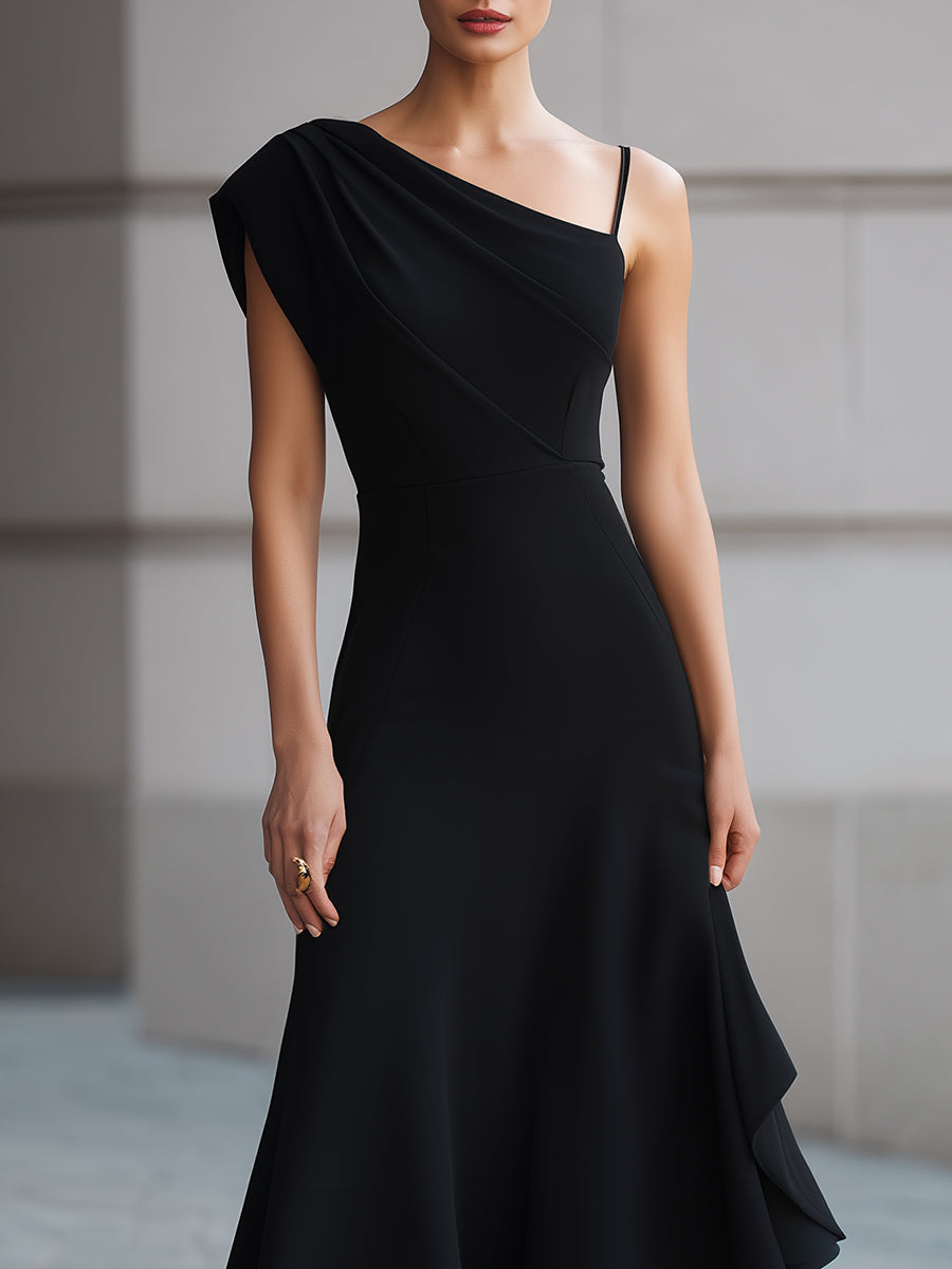 Black One-Shoulder Draped Asymmetric Midi Dress
