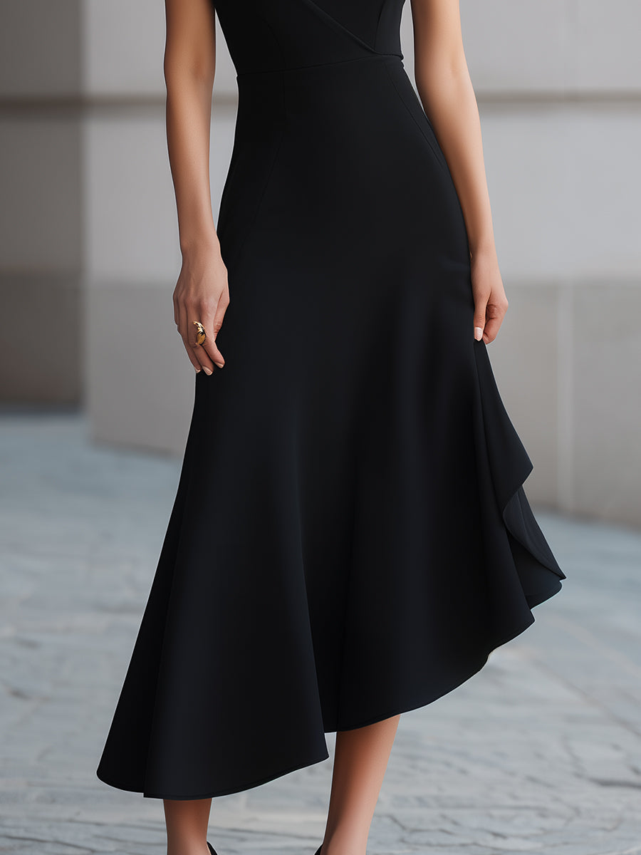 Black One-Shoulder Draped Asymmetric Midi Dress