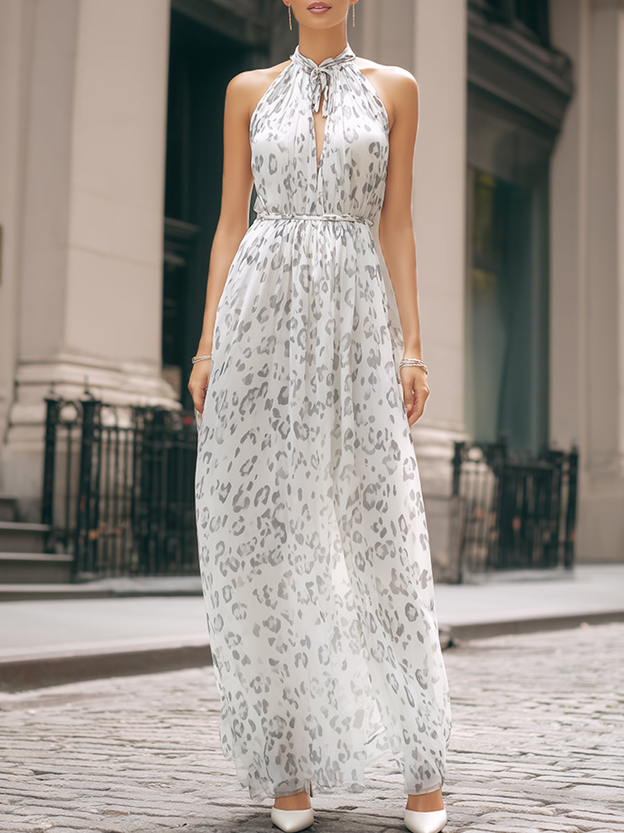 White & Gray Leopard Print Halter Maxi Dress