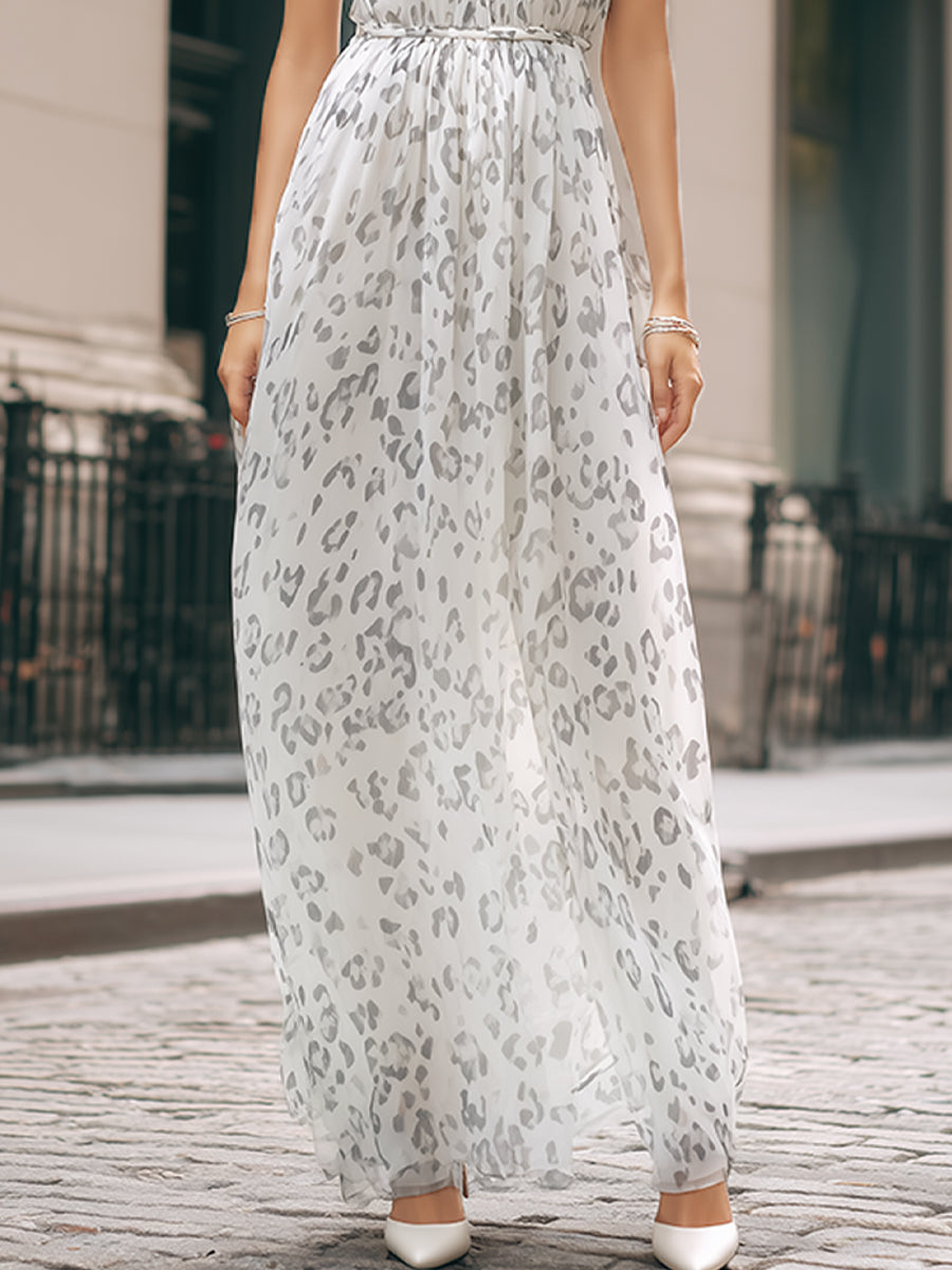 White & Gray Leopard Print Halter Maxi Dress