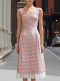 Pink Polka Dot Square Neck Ruffle Hem Midi Dress