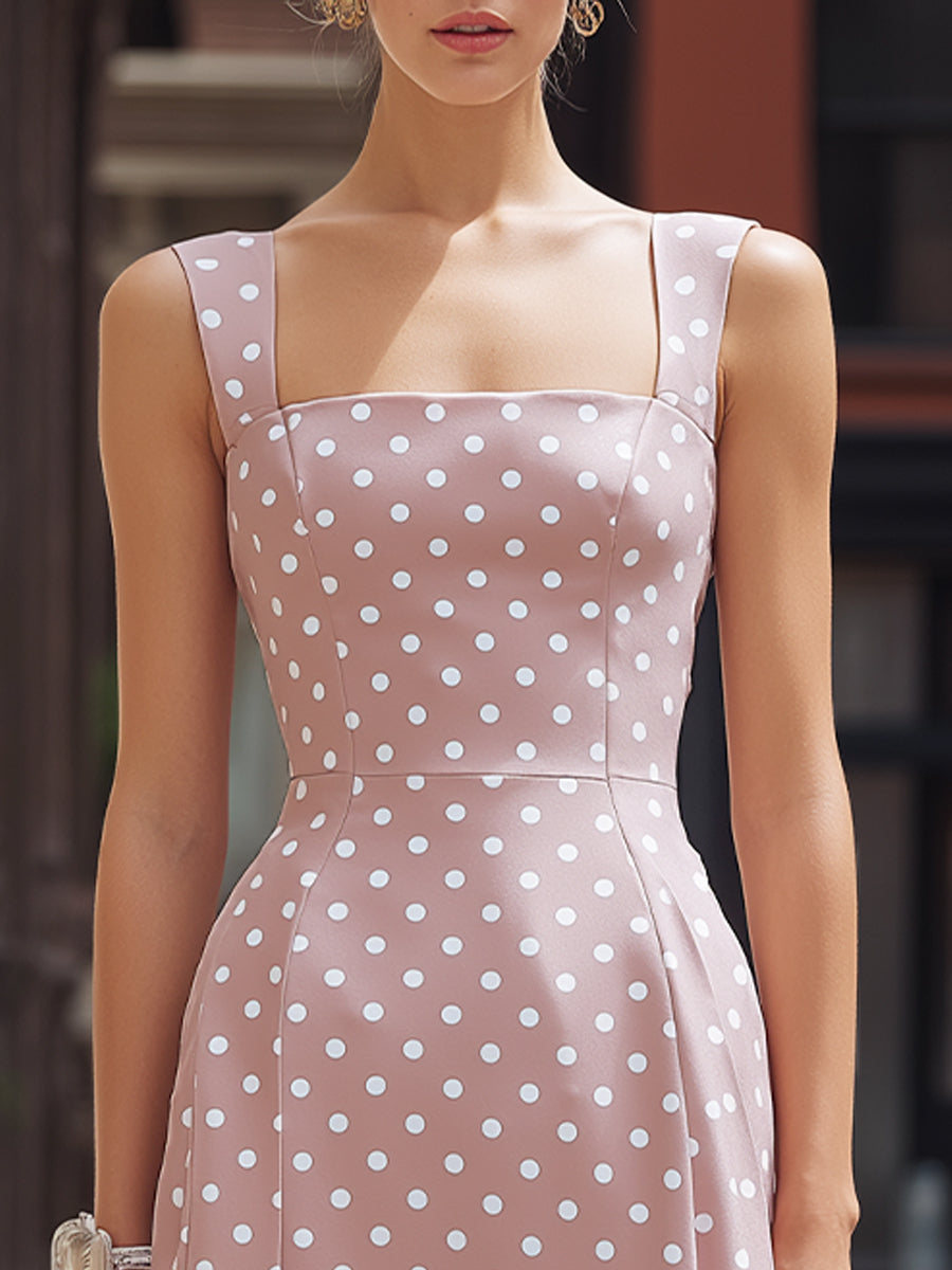 Pink Polka Dot Square Neck Ruffle Hem Midi Dress