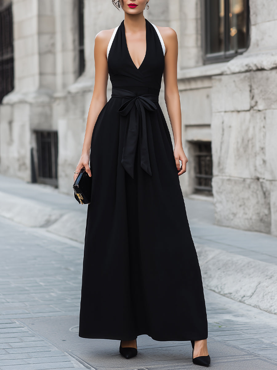 Black Contrast Strap Wrap Front A-Line Maxi Dress