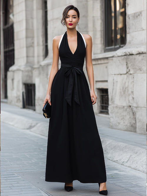 Black Contrast Strap Wrap Front A-Line Maxi Dress