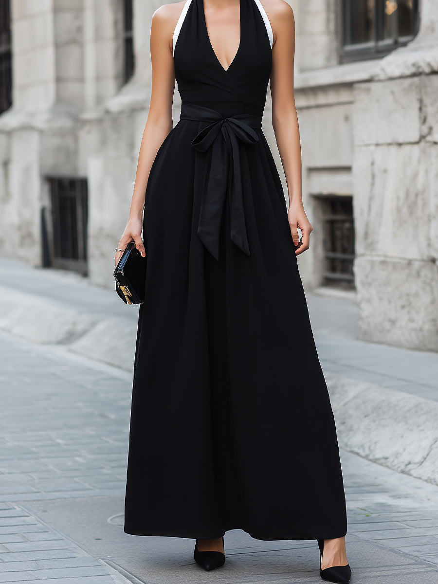 Black Contrast Strap Wrap Front A-Line Maxi Dress