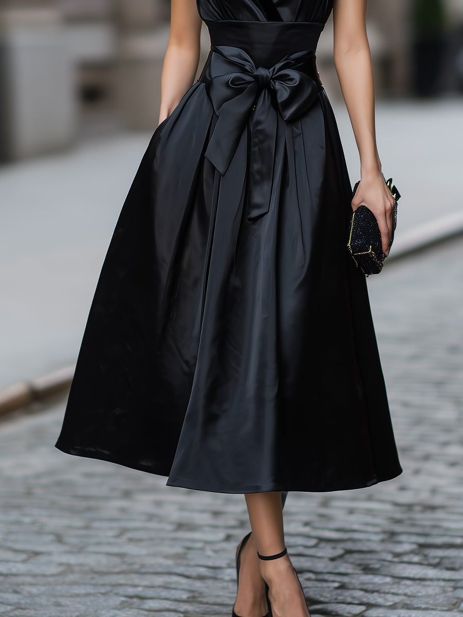 Black Halter V-Neck Bow-Waist Satin Midi Dress
