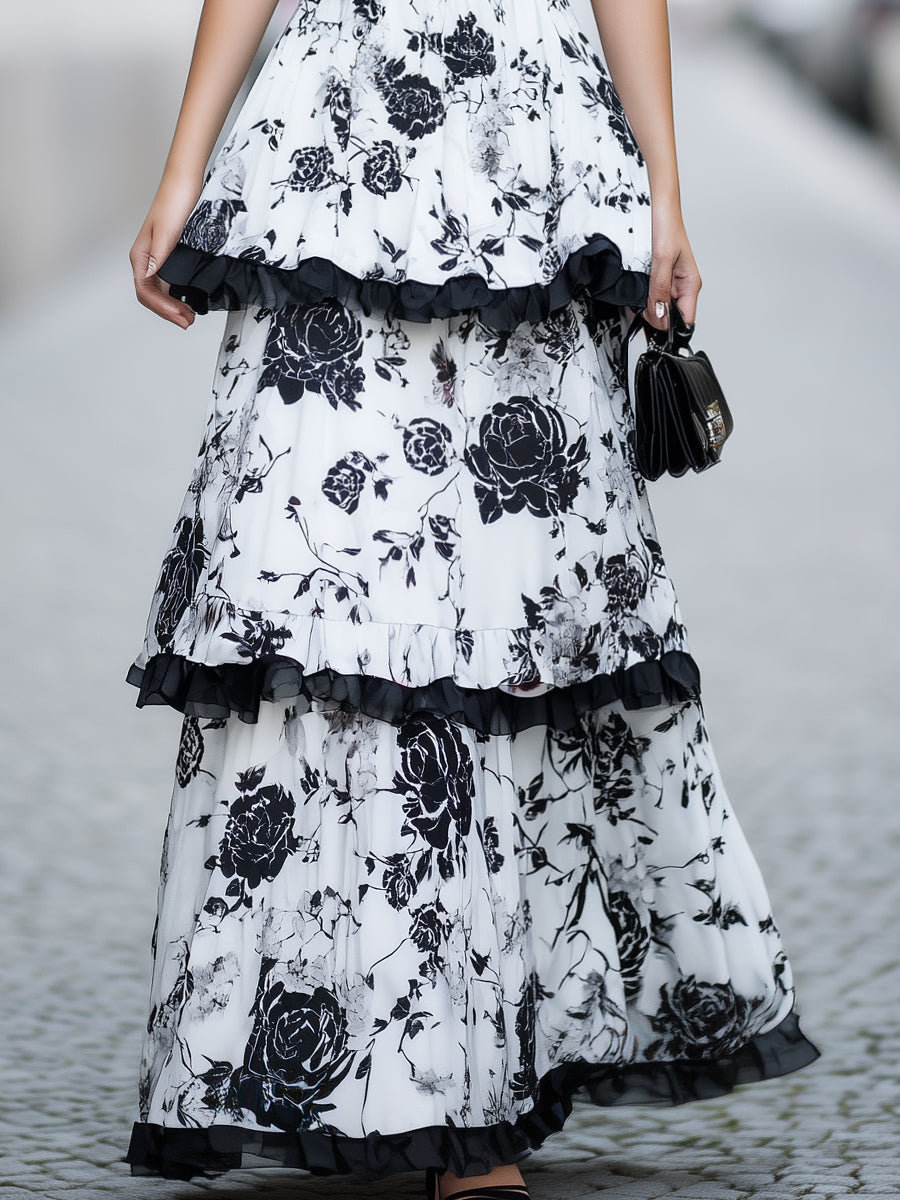 Black & White Floral Tiered Ruffle Maxi Dress