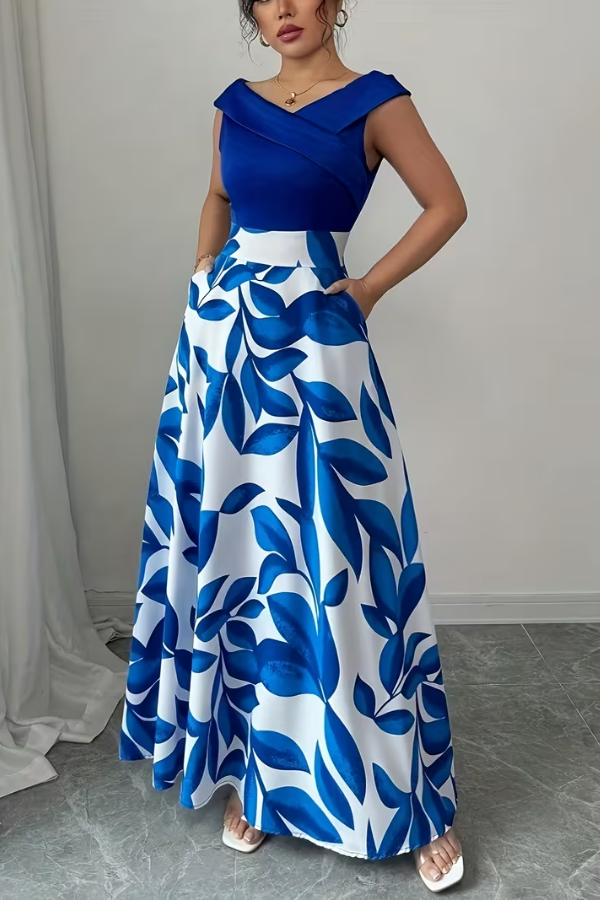 Elegant V Neck Floral A Line Maxi Dress With Pockets