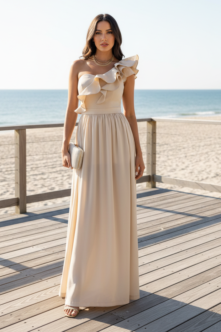 One-Shoulder Maxi Dress with Ruffle Slit