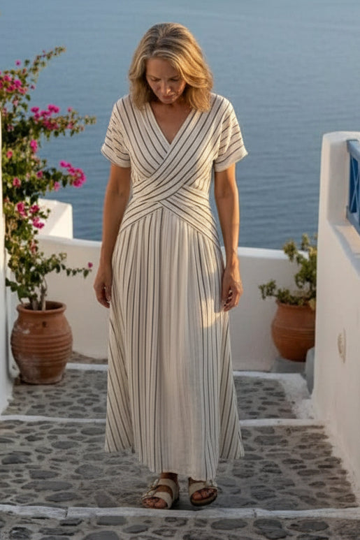 V-Neck Cross Waist Striped Midi Dress