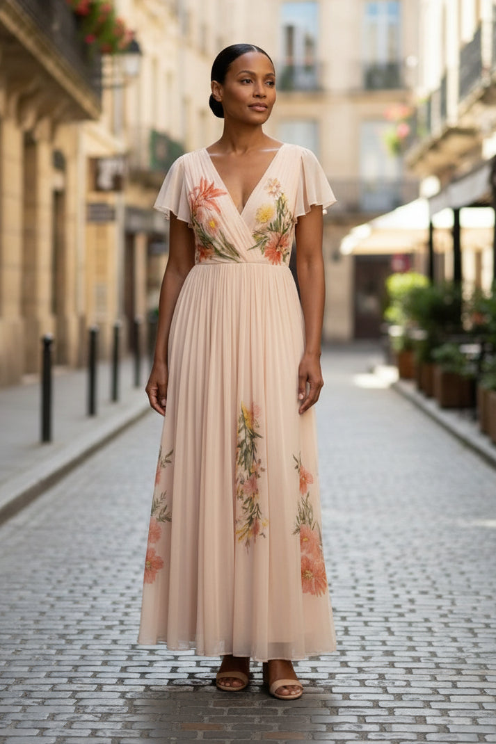 Calista Floral V-Neck Pleated Maxi Dress