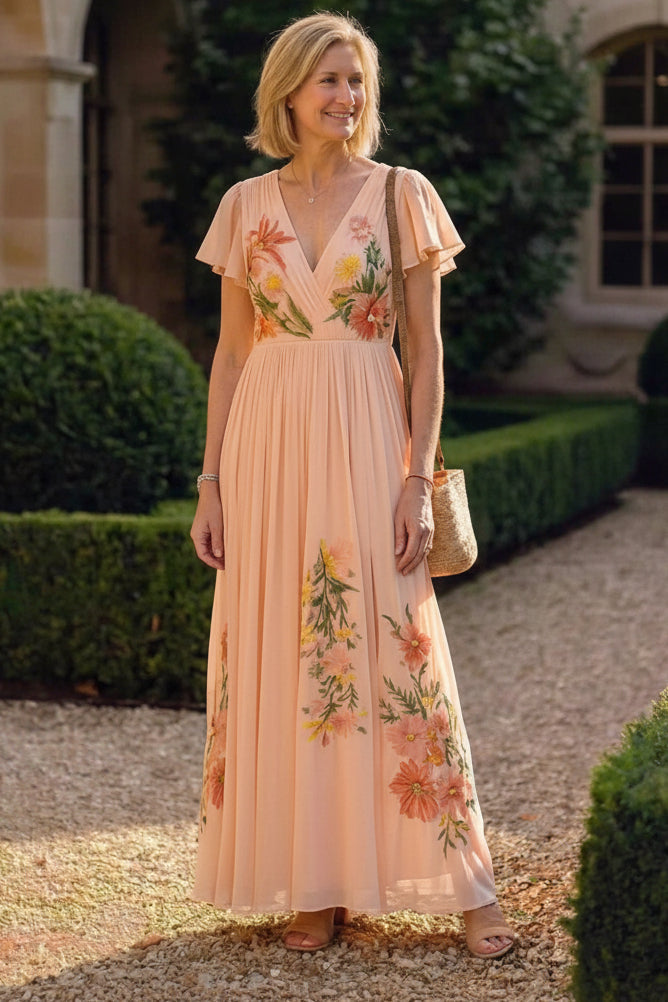 Calista Floral V-Neck Pleated Maxi Dress