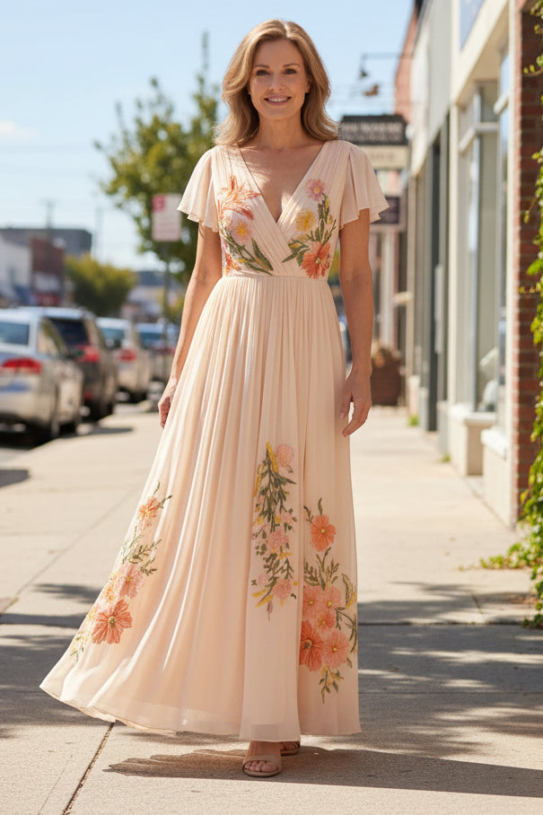 Calista Floral V-Neck Pleated Maxi Dress